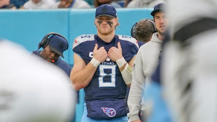 Tennessee Titans quarterback Will Levis (8) watches the action from the sidelines during the third quarter against the Cincinnati Bengals at Nissan Stadium in Nashville, Tenn., Sunday, Dec. 15, 2024.