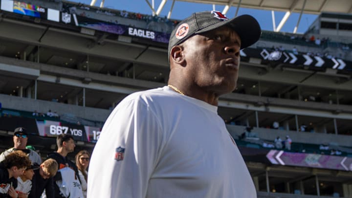Former Cincinnati Bengals defensive line coach Marion Hobby walks onto the field before the NFL game against the Philadelphia Eagles at Paycor Stadium in Cincinnati