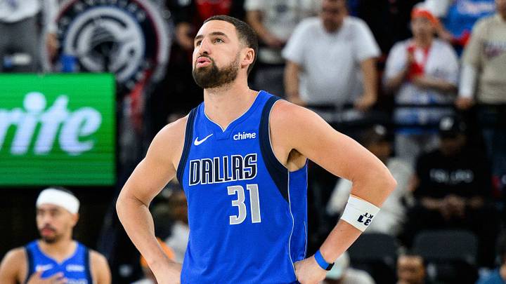Apr 7, 2026; Inglewood, California, USA; Dallas Mavericks guard Klay Thompson (31) looks on during the second half against the Los Angeles Clippers at Intuit Dome. Mandatory Credit: William Liang-Imagn Images