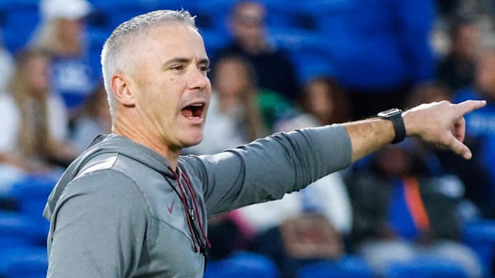 Oct 18, 2024; Durham, North Carolina, USA; Florida State Seminoles head coach Mike Norvell points prior to the first half of the game against Florida State at Wallace Wade Stadium. Mandatory Credit: Jaylynn Nash-Imagn Images