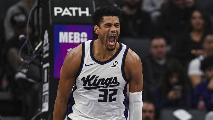 Jan 11, 2026; Sacramento, California, USA; Sacramento Kings center Dylan Cardwell (32) reacts during the second quarter Houston Rockets at Golden 1 Center. Mandatory Credit: Justine Willard-Imagn Images