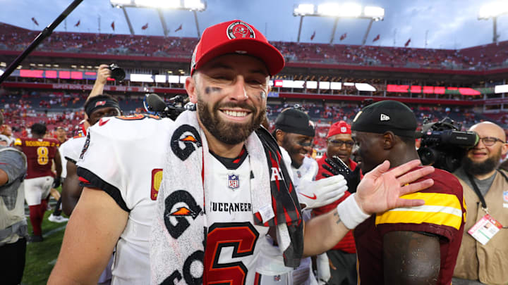 Tampa Bay Buccaneers quarterback Baker Mayfield celebrates after beating the Washington Commanders.
