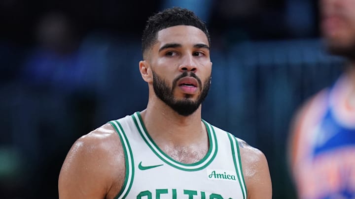 May 5, 2025; Boston, Massachusetts, USA; Boston Celtics forward Jayson Tatum (0) on the court against the New York Knicks in the third quarter during game one of the second round for the 2025 NBA Playoffs at TD Garden. Mandatory Credit: David Butler II-Imagn Images