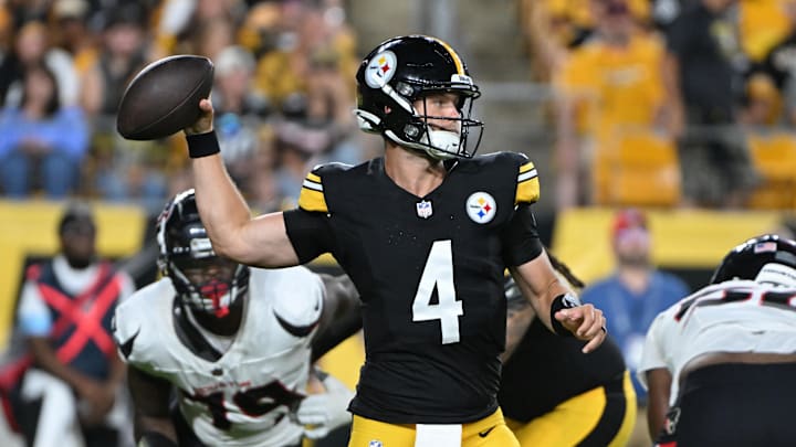 Aug 9, 2024; Pittsburgh, Pennsylvania, USA;  Pittsburgh Steelers quarterback Kyle Allen throws a pass against the Houston Texans during the fourth quarter at Acrisure Stadium. Mandatory Credit: Barry Reeger-USA TODAY Sports
