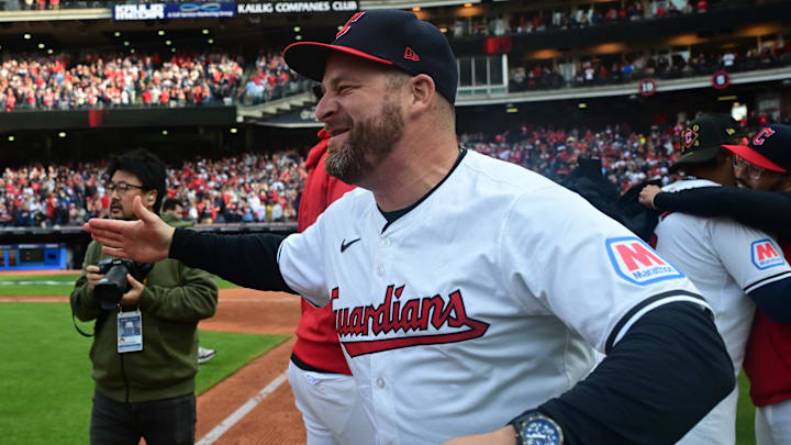 Oct 12, 2024; Cleveland, Ohio, USA; Cleveland Guardians manager Stephen Vogt (12) celebrates defeating the Detroit Tigers during game five of the ALDS for the 2024 MLB Playoffs at Progressive Field. Mandatory Credit: Ken Blaze-Imagn Images