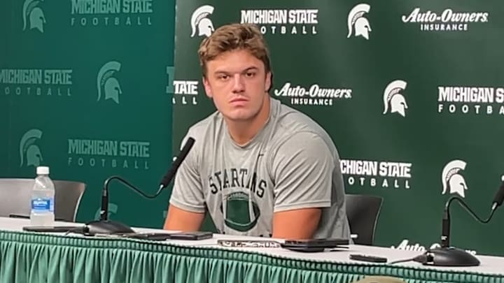 Michigan State fullback Jay Coyne talks to the media after the Spartans' 42-40 victory over Boston College on Sept. 6, 2025.