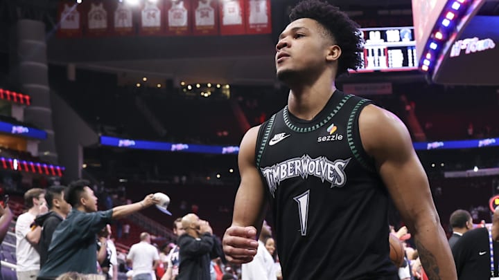 Apr 10, 2026; Houston, Texas, USA; Minnesota Timberwolves guard/forward Terrence Shannon Jr. (1) walks off the court after the game against the Houston Rockets at Toyota Center.