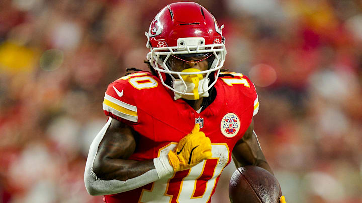 Aug 22, 2025; Kansas City, Missouri, USA; Kansas City Chiefs running back Isiah Pacheco (10) runs the ball during the first half against the Chicago Bears at GEHA Field at Arrowhead Stadium. Mandatory Credit: Jay Biggerstaff-Imagn Images