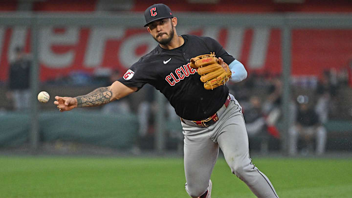 Jun 27, 2024; Kansas City, Missouri, USA; Cleveland Guardians shortstop Gabriel Arias (13) throws the ball to first base for an out in the fourth inning against the Kansas City Royals at Kauffman Stadium. Mandatory Credit: Peter Aiken-Imagn Images
