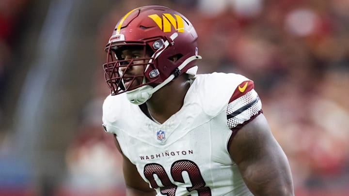 Sep 29, 2024; Glendale, Arizona, USA; Washington Commanders defensive tackle Jonathan Allen (93) against the Arizona Cardinals at State Farm Stadium. Mandatory Credit: Mark J. Rebilas-Imagn Images