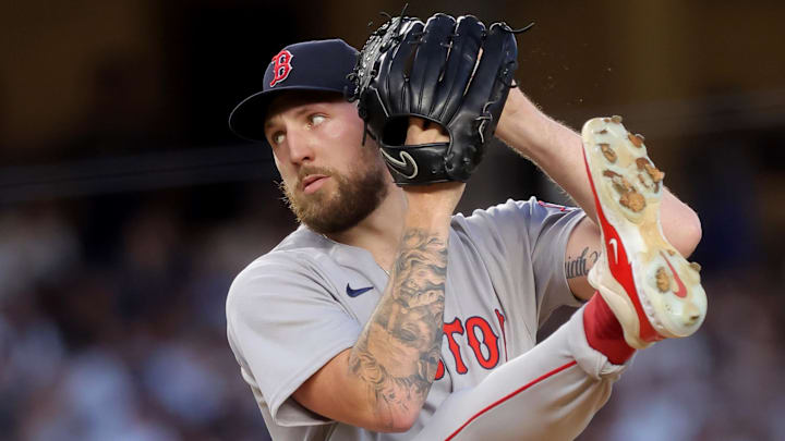 Boston Red Sox starting pitcher Garrett Crochet (35) throws against the New York Yankees during the 2025 MLB playoffs at Yankee Stadium. 