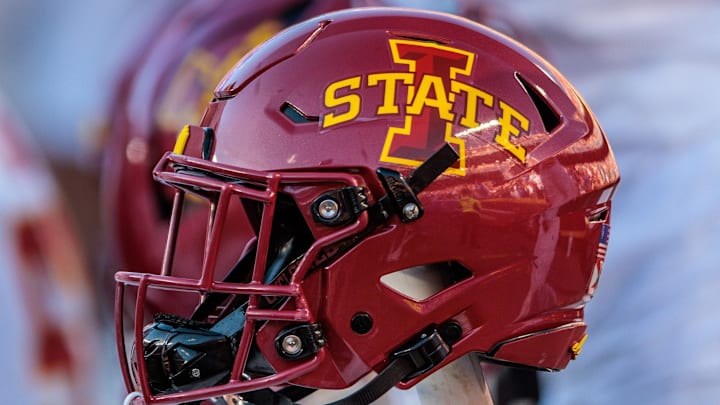 Nov 9, 2024; Kansas City, Missouri, USA; Iowa State Cyclones helmets on the bench during the first quarter against the Kansas Jayhawks at GEHA Field at Arrowhead Stadium. 