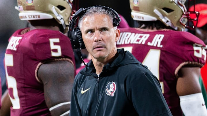 Florida State Seminoles head coach Mike Norvell leads FSU to the team   s first victory of the season with a win over the LSU Tigers at Camping World Stadium on Sunday, Sept. 3, 2023.
