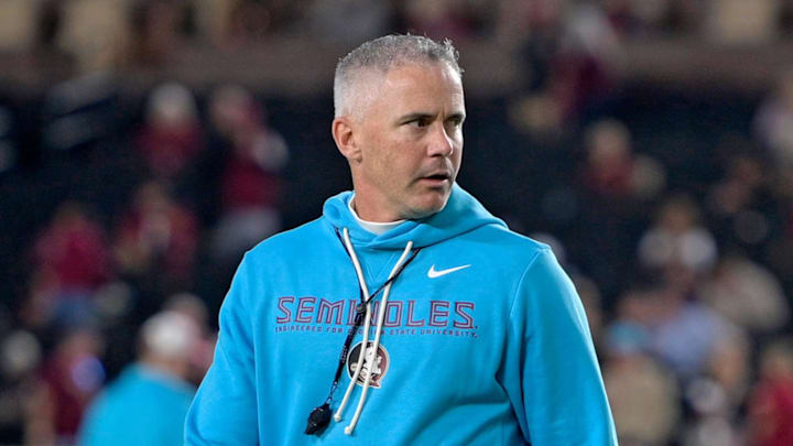Nov 1, 2025; Tallahassee, Florida, USA; Florida State Seminoles head coach Mike Norvell walks on the field before the game against the Wake Forest Demon Deacons at Doak S. Campbell Stadium. Mandatory Credit: Melina Myers-Imagn Images