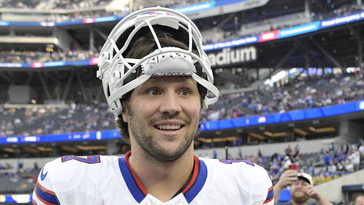 Oct 12, 2026; Inglewood, California, USA;  Buffalo Bills Josh Allen (17) looks on before the game against the Los Angeles Rams at SoFi Stadium.  Mandatory Credit: Jayne Kamin-Oncea-Imagn Images