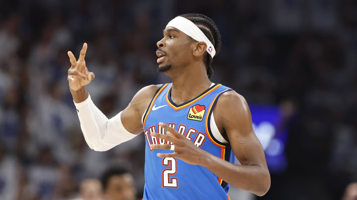 Apr 24, 2024; Oklahoma City, Oklahoma, USA; Oklahoma City Thunder guard Shai Gilgeous-Alexander (2) gestures after scoring a basket against the New Orleans Pelicans during the second quarter of game two of the first round for the 2024 NBA playoffs at Paycom Center. Mandatory Credit: Alonzo Adams-USA TODAY Sports Apr 24, 2024; Oklahoma City, Oklahoma, USA; Oklahoma City Thunder guard Shai Gilgeous-Alexander (2) gestures after scoring a basket against the New Orleans Pelicans during the second quarter of game two of the first round for the 2024 NBA playoffs at Paycom Center. Mandatory Credit: Alonzo Adams-USA TODAY Sports