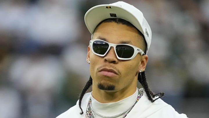 Green Bay Packers wide receiver Christian Watson during warmups prior to the game against the Washington Commanders.