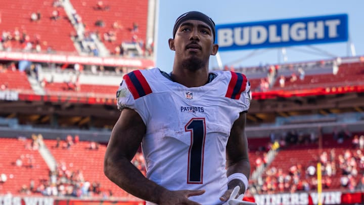 Sep 29, 2024; Santa Clara, California, USA; New England Patriots wide receiver Ja'Lynn Polk (1) leaves the field after the game against the San Francisco 49ers at Levi's Stadium. Mandatory Credit: Neville E. Guard-Imagn Images