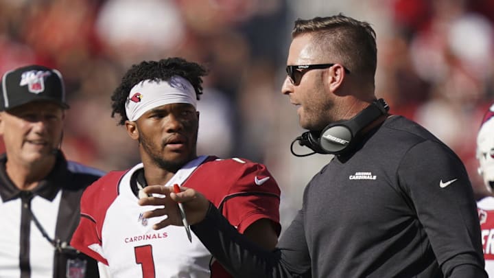 November 17, 2019; Santa Clara, CA, USA; Arizona Cardinals head coach Kliff Kingsbury (right) instructs quarterback Kyler Murray (1) during the first quarter against the San Francisco 49ers at Levi's Stadium. Mandatory Credit: Kyle Terada-Imagn Images