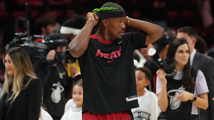 Jan 2, 2025; Miami, Florida, USA; Miami Heat forward Jimmy Butler (22) gets ready for pregame warm-ups before the start of the game against the Indiana Pacers at Kaseya Center. Mandatory Credit: Jim Rassol-Imagn Images Jan 2, 2025; Miami, Florida, USA; Miami Heat forward Jimmy Butler (22) gets ready for pregame warm-ups before the start of the game against the Indiana Pacers at Kaseya Center. Mandatory Credit: Jim Rassol-Imagn Images