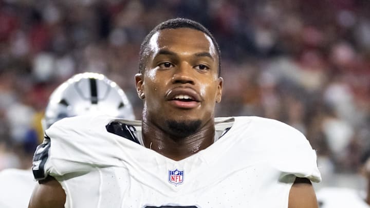 Aug 23, 2025; Glendale, Arizona, USA; Las Vegas Raiders defensive end Tyree Wilson (9) against the Arizona Cardinals during a preseason NFL game at State Farm Stadium. Mandatory Credit: Mark J. Rebilas-Imagn Images
