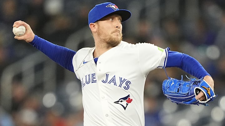 Apr 16, 2025; Toronto, Ontario, CAN; Toronto Blue Jays pitcher Jeff Hoffman (23) pitches to the Atlanta Braves during the ninth inning at Rogers Centre.