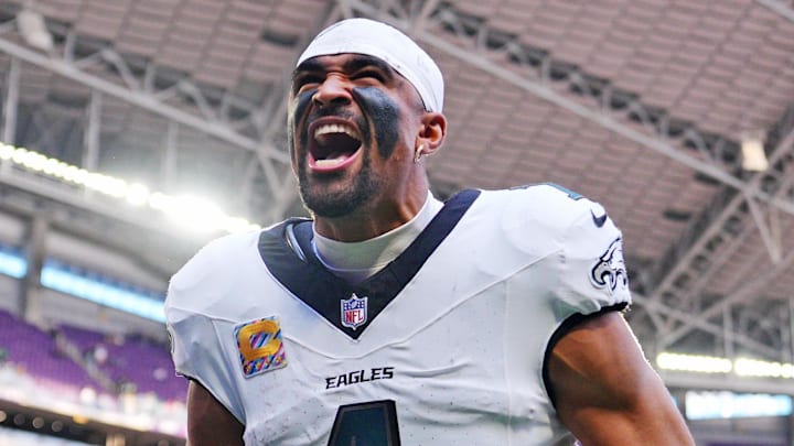 Oct 19, 2025; Minneapolis, Minnesota, USA; Philadelphia Eagles quarterback Jalen Hurts (1) waves to the fans after the game against the Minnesota Vikings at U.S. Bank Stadium.  