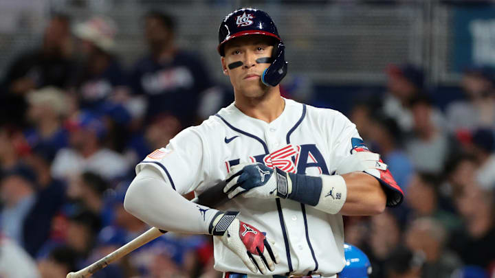Mar 17, 2026; Miami, FL, United States; United States right fielder Aaron Judge (99) reacts after striking out against the Venezuela in the first inning during the 2026 World Baseball Classic Championship game at loanDepot Park. Mandatory Credit: Sam Navarro-Imagn Images