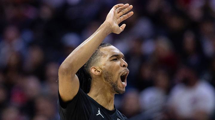 Feb 22, 2025; Philadelphia, Pennsylvania, USA; Brooklyn Nets forward Ziaire Williams (8) reacts to a score against the Philadelphia 76ers during the second quarter at Wells Fargo Center. Mandatory Credit: Bill Streicher-Imagn Images