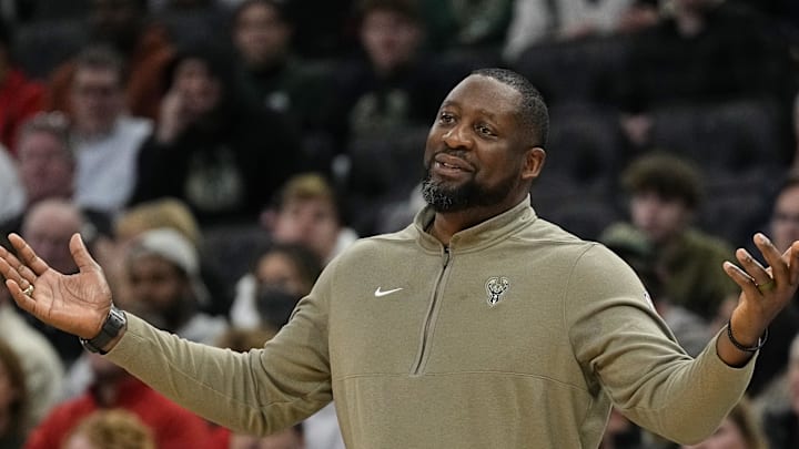 Milwaukee Bucks head coach Adrian Griffin reacts to a call during the second quarter against the San Antonio Spurs at Fiserv Forum on December 19, 2023.