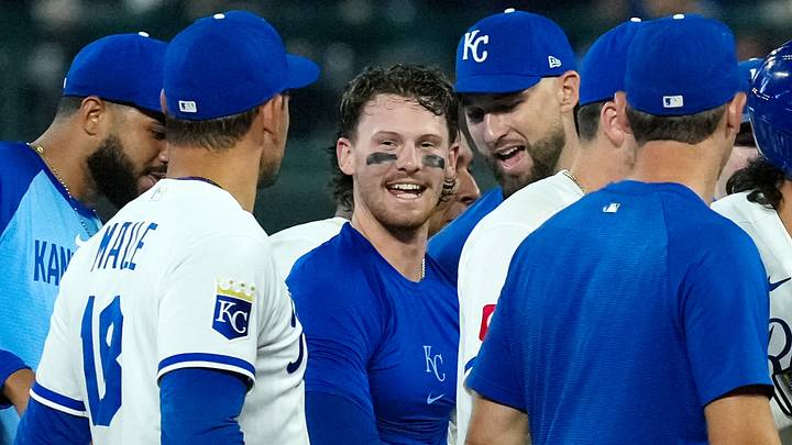 Aug 18, 2026; Kansas City, Missouri, USA; Kansas City Royals shortstop Bobby Witt Jr. (7) celebrates with teammates after hitting a walk-off single to defeat the Athletics in the ninth inning at Kauffman Stadium. Mandatory Credit: Jay Biggerstaff-Imagn Images