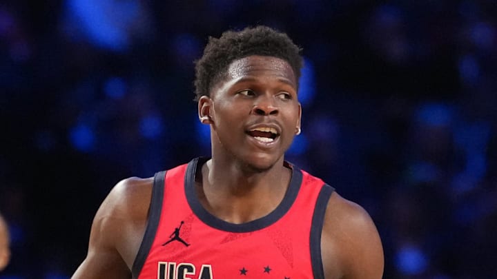 \Team USA Stars guard Anthony Edwards (5) of the Minnesota Timberwolves reacts during the 75th NBA All Star Game. \Team USA Stars guard Anthony Edwards (5) of the Minnesota Timberwolves reacts during the 75th NBA All Star Game.
