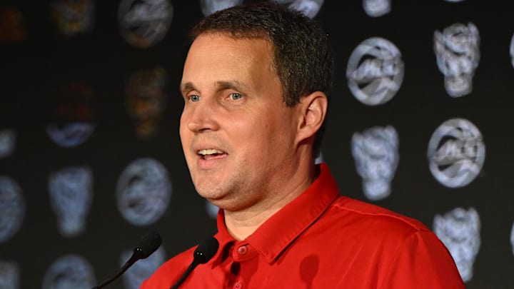 Oct 8, 2025; Charlotte, NC, USA; NC State head coach Will Wade answers questions from the media at The Hilton Charlotte Uptown. Mandatory Credit: William Howard-Imagn Images