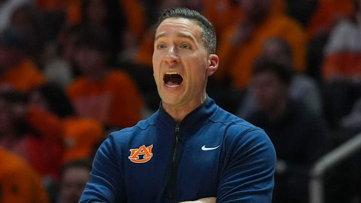 Auburn basketball coach Steven Pearl yells during a NCAA basketball game between the Tennessee Volunteers and Auburn Tigers at Thompson-Boling Arena at Food City Center in Knoxville, Tenn., on Jan. 31, 2026.