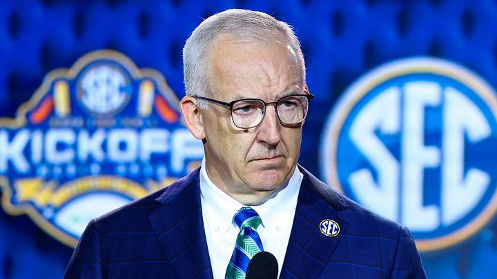 Jul 20, 2026; Tampa, FL, USA; SEC Commissioner Greg Sankey speaks to the press during SEC Football Kickoff Media Day at the Tampa Marriott. Mandatory Credit: Nathan Ray Seebeck-Imagn Images Jul 20, 2026; Tampa, FL, USA; SEC Commissioner Greg Sankey speaks to the press during SEC Football Kickoff Media Day at the Tampa Marriott. Mandatory Credit: Nathan Ray Seebeck-Imagn Images