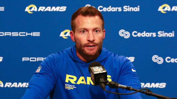 Dec 18, 2025; Seattle, Washington, USA;  Los Angeles Rams head coach Sean McVay speaks in a press conference after a game against the Seattle Seahawks at Lumen Field. Mandatory Credit: Kevin Ng-Imagn Images