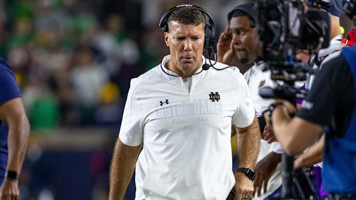 Sep 13, 2025; South Bend, Indiana, USA; Notre Dame Fighting Irish defensive coordinator Chris Ash on the sideline during the second half against the Texas A&M Aggies at Notre Dame Stadium. Mandatory Credit: Michael Caterina-Imagn Images