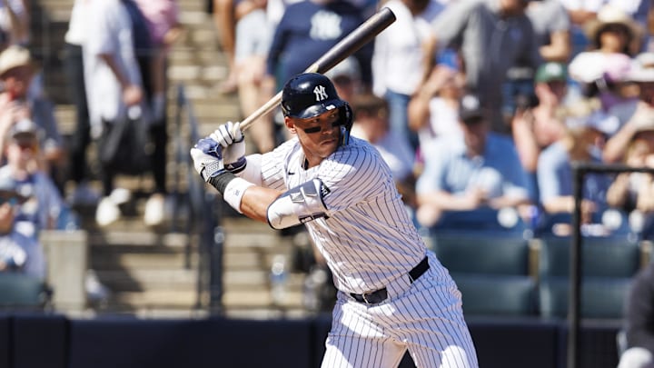 Feb 21, 2026; Tampa, Florida, USA; New York Yankees outfielder Aaron Judge (99) at bat against the Detroit  Tigers during the first inning in a Spring Training game at George M. Steinbrenner Field. Mandatory Credit: Morgan Tencza-Imagn Images