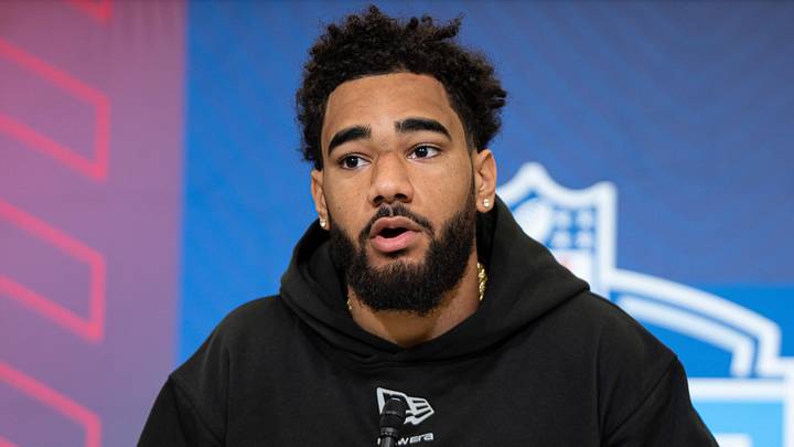 Indiana wideout Elijah Sarratt (WO34) speaks to members of the media during the NFL Combine