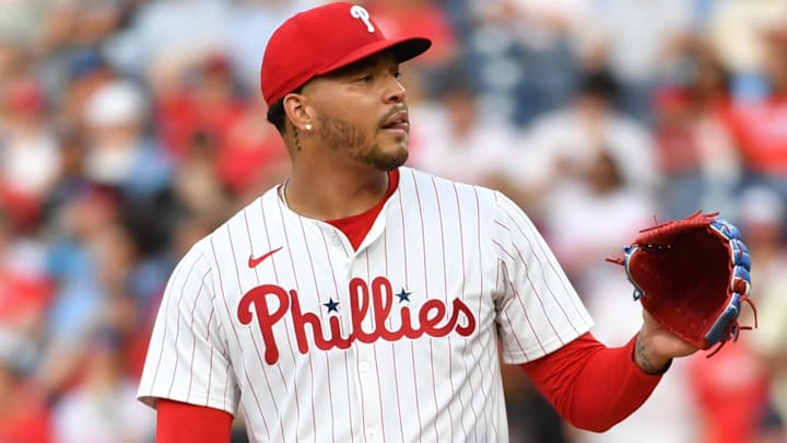 May 22, 2024; Philadelphia, Pennsylvania, USA; Philadelphia Phillies pitcher Taijuan Walker (99) against the Texas Rangers at Citizens Bank Park