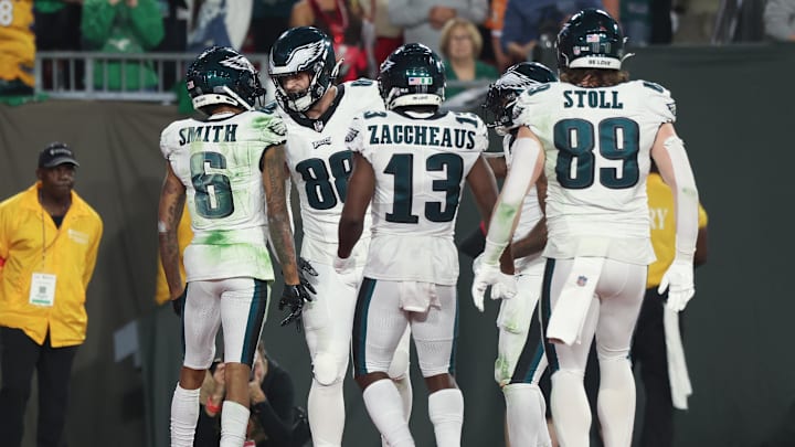 Jan 15, 2024; Tampa, Florida, USA; Philadelphia Eagles tight end Dallas Goedert (88) celebrates his touchdown against the Tampa Bay Buccaneers with teammates during the first half of a 2024 NFC wild card game at Raymond James Stadium. Mandatory Credit: Kim Klement Neitzel-Imagn Images