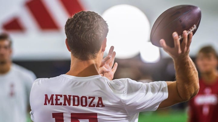 Fernando Mendoza participates in Indiana University's Pro Day at Mellencamp Pavilion on Wednesday, April 1, 2026.