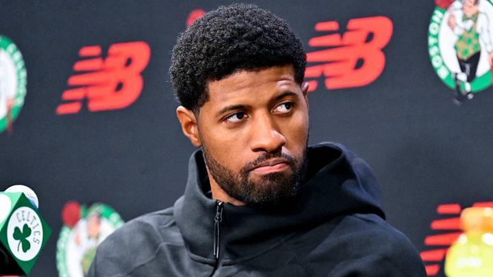 September 15, 2026; Boston, Massachusetts, USA; Boston Celtics forward Paul George (13) looks on during a press conference at The Auerbach Center at Boston Landing. Mandatory Credit: Eric Canha-Imagn Images