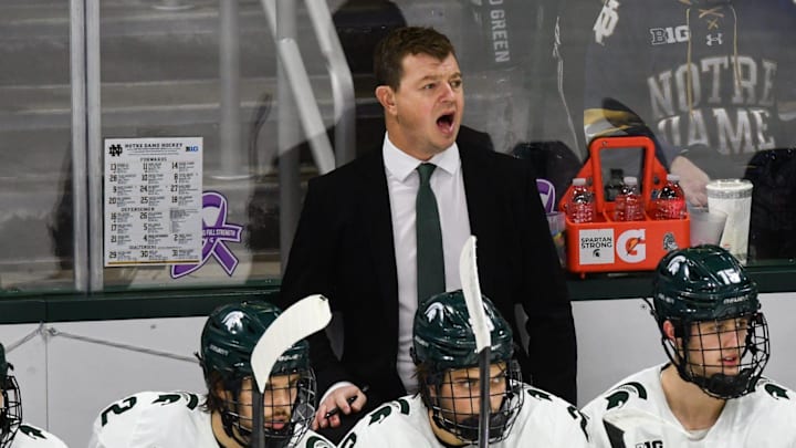 MSU hockey coach Adam Nightingale coaches his Spartans against Notre Dame, Saturday, Nov. 15, 2024, at Munn Ice Arena. MSU won 4-3 to sweep the series.