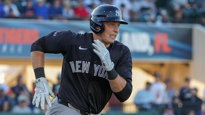 Mar 21, 2025; Lakeland, Florida, USA; New York Yankees first baseman Ben Rice (93) runs to first during the third inning against the Detroit Tigers at Publix Field at Joker Marchant Stadium. Mandatory Credit: Mike Watters-Imagn Images