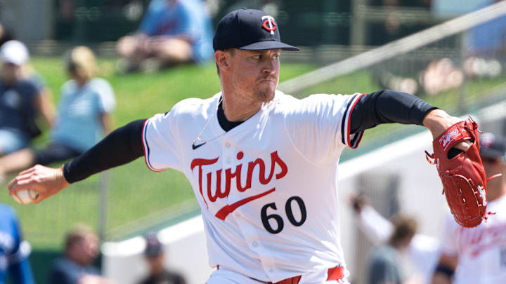 Mar 22, 2025; Fort Myers, Florida, USA; Minnesota Twins Scott Blewett (60) pitching during the first inning of their game against the Toronto Blue Jays at Lee Health Sports Complex. Mar 22, 2025; Fort Myers, Florida, USA; Minnesota Twins Scott Blewett (60) pitching during the first inning of their game against the Toronto Blue Jays at Lee Health Sports Complex.