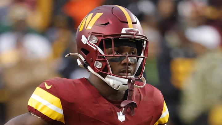 Nov 10, 2024; Landover, Maryland, USA; Washington Commanders wide receiver Terry McLaurin (17) looks on from the field during final minute of the game against the Pittsburgh Steelers at Northwest Stadium. Mandatory Credit: Amber Searls-Imagn Images