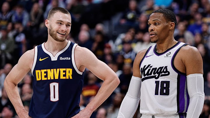 Nov 3, 2025; Denver, Colorado, USA; Denver Nuggets guard Christian Braun (0) and Sacramento Kings guard Russell Westbrook (18) in the first quarter at Ball Arena. Nov 3, 2025; Denver, Colorado, USA; Denver Nuggets guard Christian Braun (0) and Sacramento Kings guard Russell Westbrook (18) in the first quarter at Ball Arena.