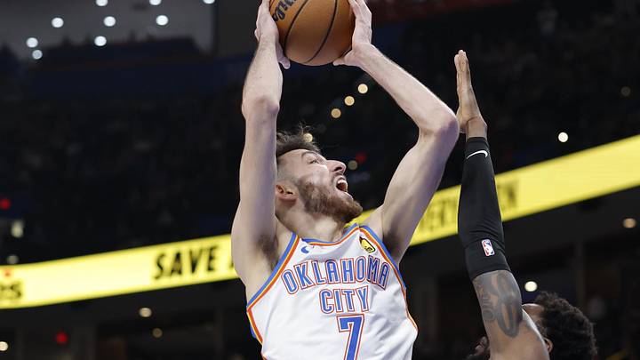 Mar 30, 2026; Oklahoma City, Oklahoma, USA; Oklahoma City Thunder center Chet Holmgren (7) shoots against the Detroit Pistons during the second half at Paycom Center. Mandatory Credit: Alonzo Adams-Imagn Images