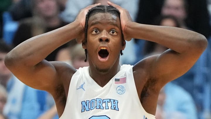 Jan 21, 2026; Chapel Hill, North Carolina, USA; North Carolina Tar Heels forward Caleb Wilson (8) reacts in the second half at Dean E. Smith Center. Mandatory Credit: Bob Donnan-Imagn Images